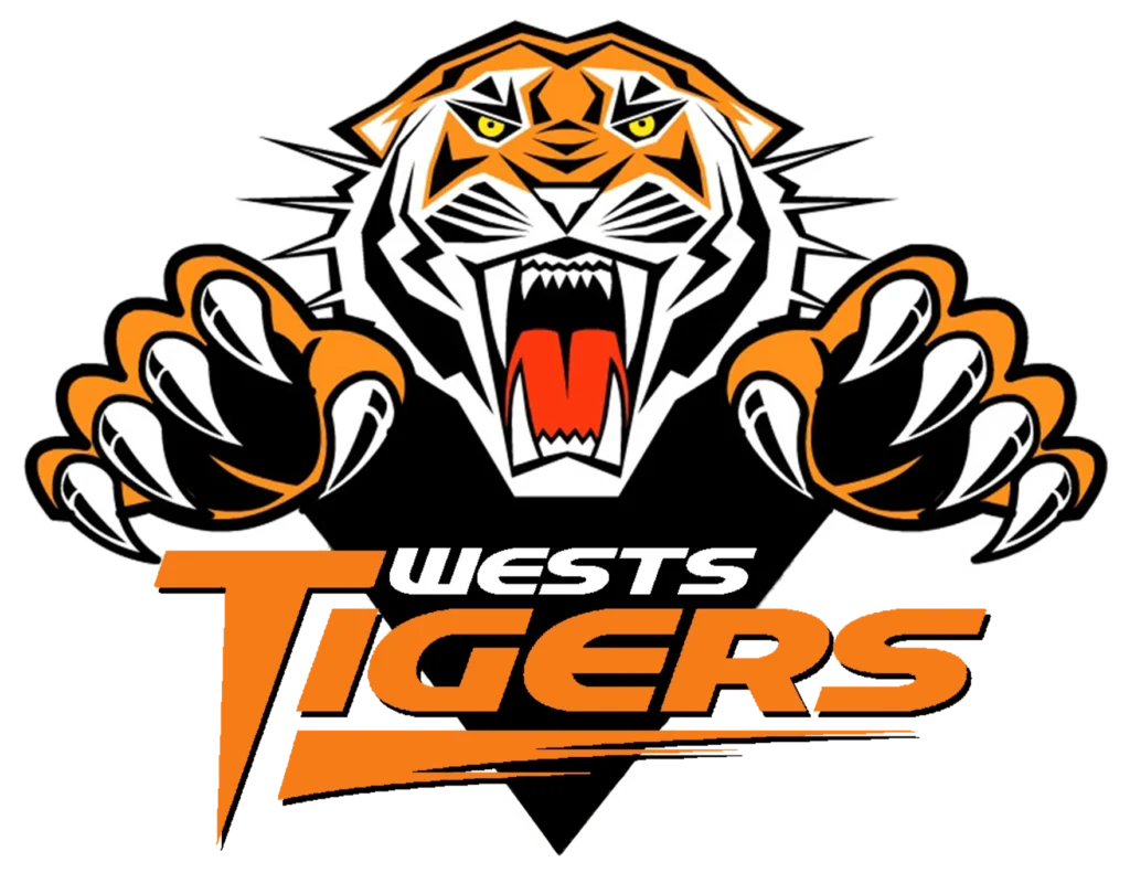 "The official Wests Tigers NRL logo featuring a fierce tiger with extended claws and the team name boldly displayed below in orange and black."