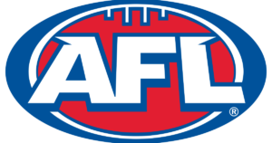 The official Australian Football League (AFL) logo in red, white, and blue with a football design.