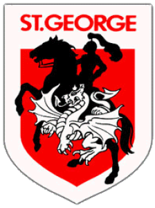 "The official St. George Illawarra Dragons NRL logo featuring a knight on horseback slaying a dragon, set inside a red and white shield."