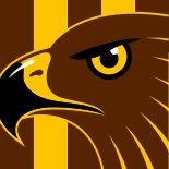 "The official Hawthorn Football Club AFL logo featuring a fierce brown and gold hawk’s head against a striped background, symbolising the team’s power and precision."