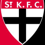 "The official St Kilda Football Club AFL logo featuring a bold black cross on a red, white, and black shield, symbolising the team’s resilience and tradition."