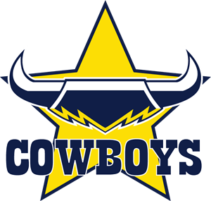 "The official North Queensland Cowboys NRL logo featuring a bold bullhorn design over a yellow star with the team name in navy blue."