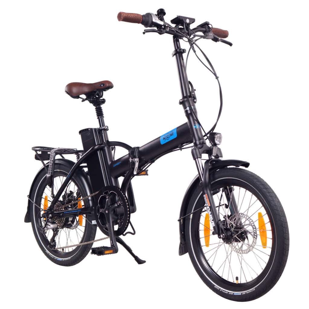 A sleek and compact black folding e-bike from NCM, designed for urban commuting and convenience.
