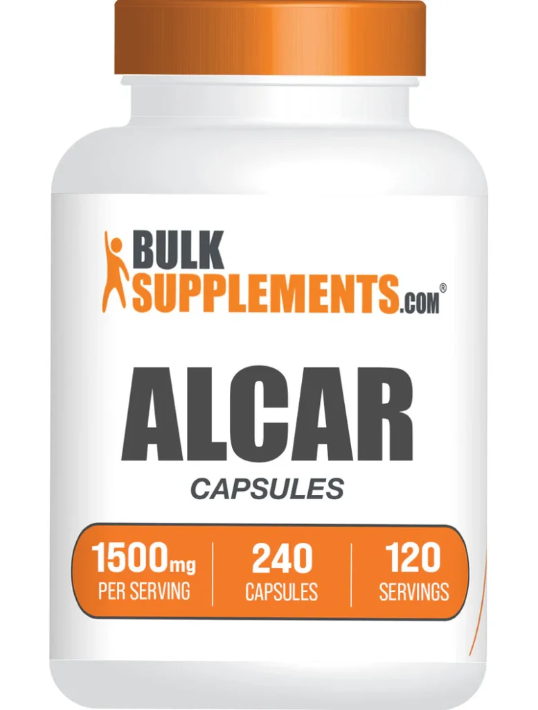 Bottle of BulkSupplements.com ALCAR Capsules labeled with 1500 mg per serving, 240 capsules, and 120 servings. Keywords: health and fitness