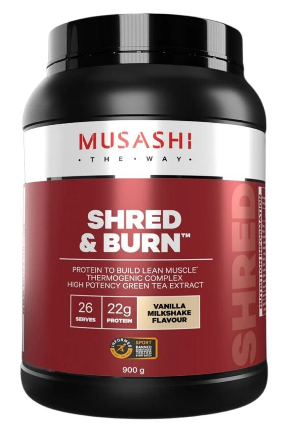 Musashi Shred & Burn protein powder in Vanilla Milkshake flavor, 900g container for lean muscle building and thermogenic support.
