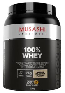 Musashi 100% Whey Protein Powder in Vanilla Milkshake flavor, 900g container for muscle recovery and growth.