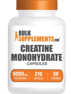 Bottle of BulkSupplements.com Creatine Monohydrate Capsules labeled with 5000 mg per serving, 210 capsules, and 30 servings. Keywords: health and fitness