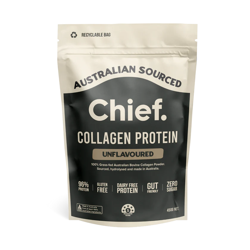 Chief Collagen Protein Unflavoured – Australian-sourced, grass-fed bovine collagen powder in a recyclable bag.