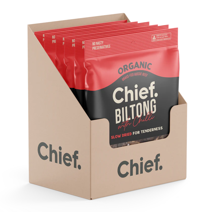Chief Organic Biltong with Chilli, slow-dried grass-fed Aussie beef, packaged in a display box.