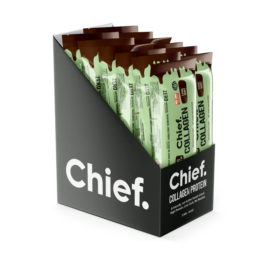 Chief Collagen Protein Bars - Choc Mint flavour in a display box, a high-protein, low-carb natural snack.