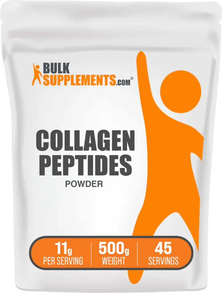 Bag of BulkSupplements.com Collagen Peptides Powder labeled with 11 g per serving, 500 g weight, and 45 servings. Keywords: health and fitness