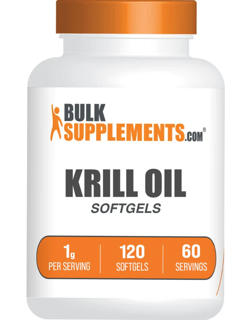 Bottle of BulkSupplements.com Krill Oil Softgels labeled with 1 g per serving, 120 softgels, and 60 servings. Keywords: health and fitness