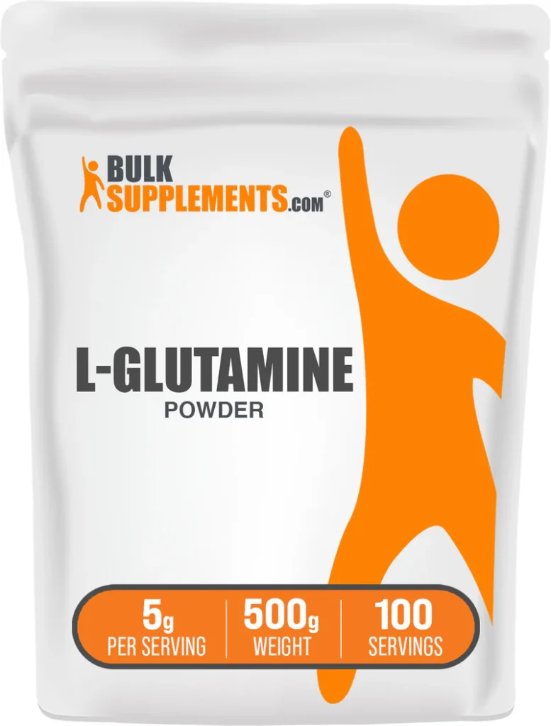 Bag of BulkSupplements.com L-Glutamine Powder labeled with 5 g per serving, 500 g weight, and 100 servings. Keywords: health and fitness