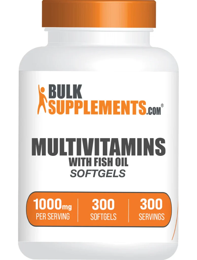 Bottle of BulkSupplements.com Multivitamins with Fish Oil Softgels labeled with 1000 mg per serving, 300 softgels, and 300 servings. Keywords: health and fitness