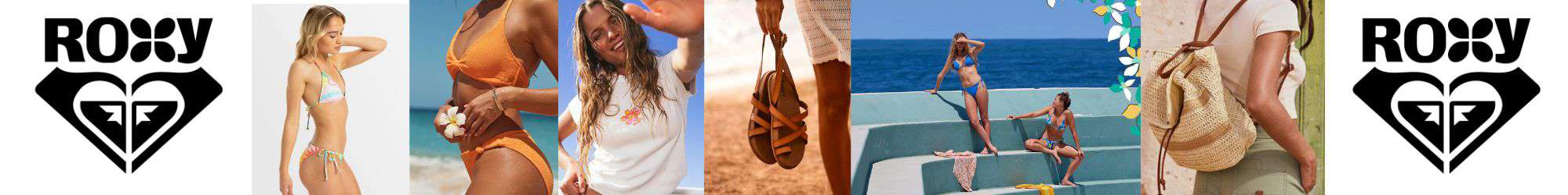 A collage showcasing Roxy’s logo, swimwear, beachwear, and activewear, promoting a stylish and active lifestyle focused on health and fitness. Explore more at www.waiteandsea.com.au.