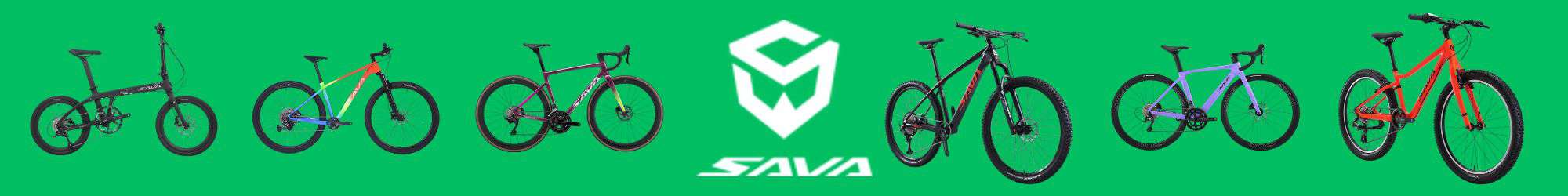 A lineup of SAVA bicycles on a green background showcasing various models and colours.