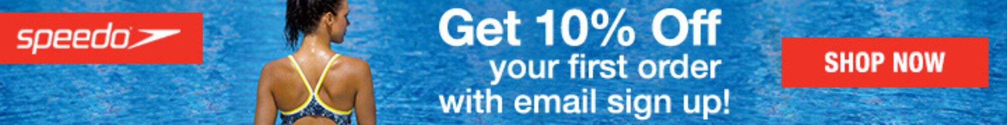 Speedo promotional banner with a swimmer in a yellow swimsuit, offering 10% off the first order with email sign-up. Visit www.waiteandsea.com.au.