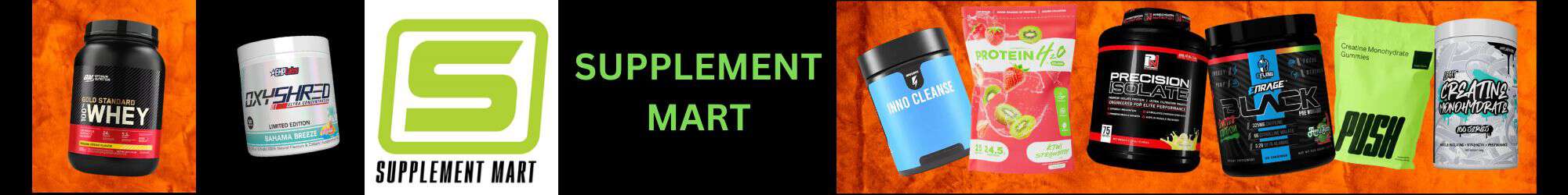 Supplement Mart banner showcasing premium fitness and health products including protein powders, creatine, and fat burners. Find all your health and fitness needs at www.waiteandsea.com.au.