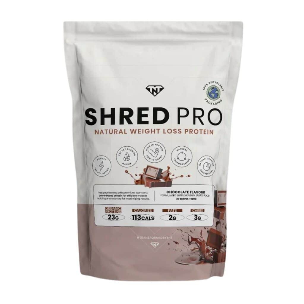 Shred Pro Natural Weight Loss Protein - Chocolate flavour, a low-calorie, plant-based protein powder for fat loss and lean muscle recovery.