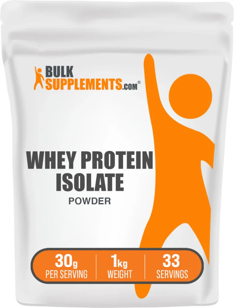 Bag of BulkSupplements.com Whey Protein Isolate Powder labeled with 30 g per serving, 1 kg weight, and 33 servings. Keywords: health and fitness