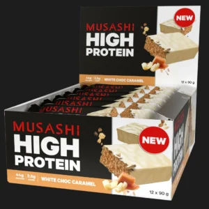 MUSASHI High Protein White Choc Caramel Bars in display packaging featuring 12 protein bars with a new product tag.