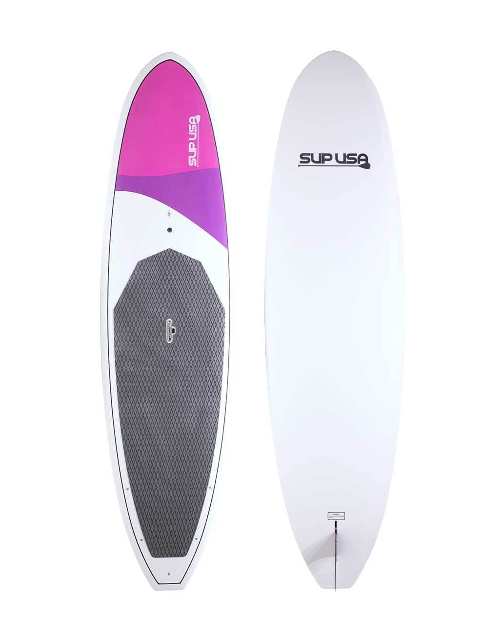 SUP USA paddleboard with a pink, purple, and white design, featuring a black textured deck pad. Visit www.waiteandsea.com.au.