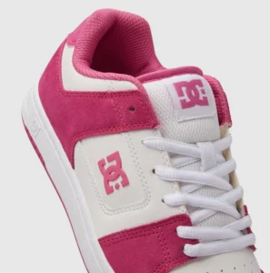 DC Shoes women’s pink and white sneaker featuring a bold logo, blending style and comfort for active lifestyles. Available at www.waiteandsea.com.au.