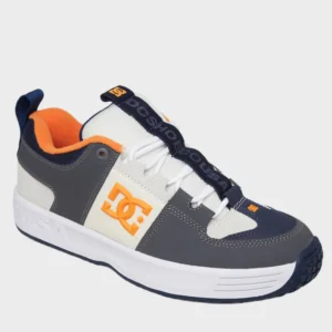 DC Shoes men’s sneaker in grey and orange, ideal for active lifestyles, combining durable materials and bold design for everyday wear. Available at www.waiteandsea.com.au.