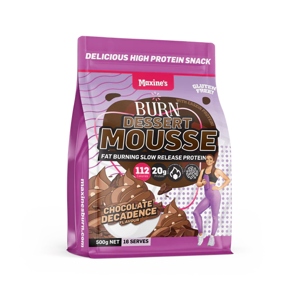 Maxine's Burn Dessert Mousse in Chocolate Decadence flavor, 500g package for slow-release protein and fat-burning support.