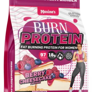 Maxine's Burn Protein Berry Cheesecake – Fat burning protein powder for women in a 500g pink package.
