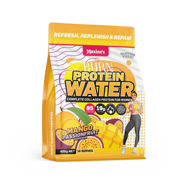 Maxine's Burn Protein Water in Mango Passionfruit flavor, 400g package for women’s collagen protein needs.