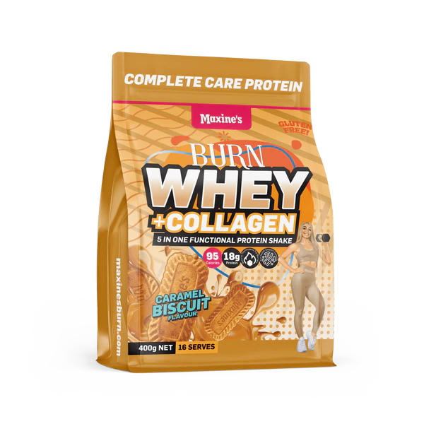 Maxine's Burn Whey + Collagen protein powder in Caramel Biscuit flavor, 400g package for complete care protein needs.