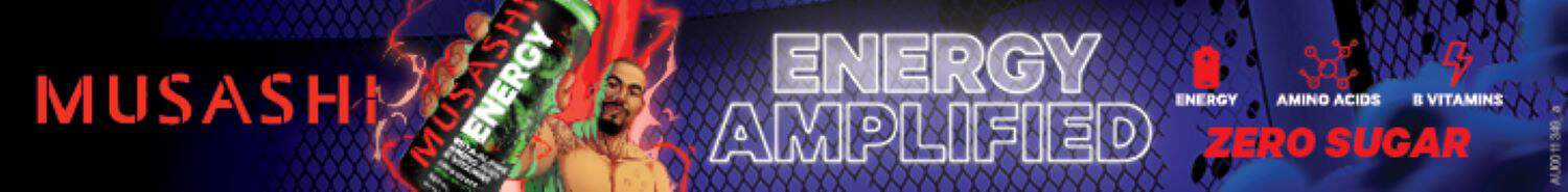 Musashi Energy Amplified banner featuring a green energy can, muscular athlete, and highlights like zero sugar, energy, amino acids, and B vitamins.