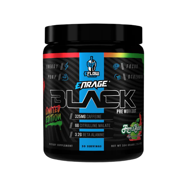 EFlow Nutrition Enrage Black Pre-Workout in Apple Berry flavour, delivering energy, focus, and strength for intense workouts. Available at www.waiteandsea.com.au.