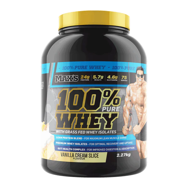 Max's 100% Pure Whey - Vanilla Cream Slice flavour, 2.27kg tub, premium grass-fed whey protein isolate for muscle gains and recovery.