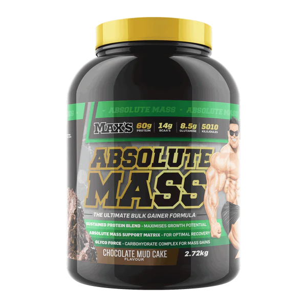 Max's Absolute Mass - Chocolate Mud Cake flavour, 2.72kg bulk gainer protein powder for mass building and recovery.