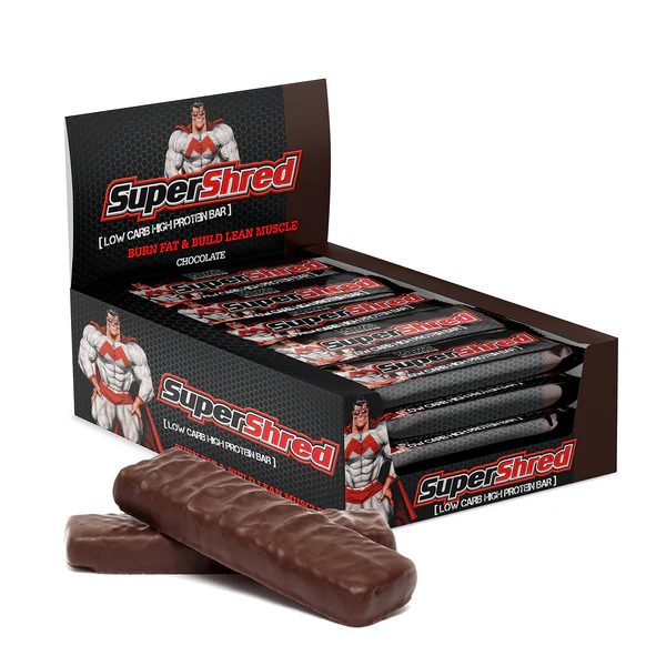 SuperShred Low Carb High Protein Bars – Chocolate flavor in a 12-pack display box with two bars shown in the front.