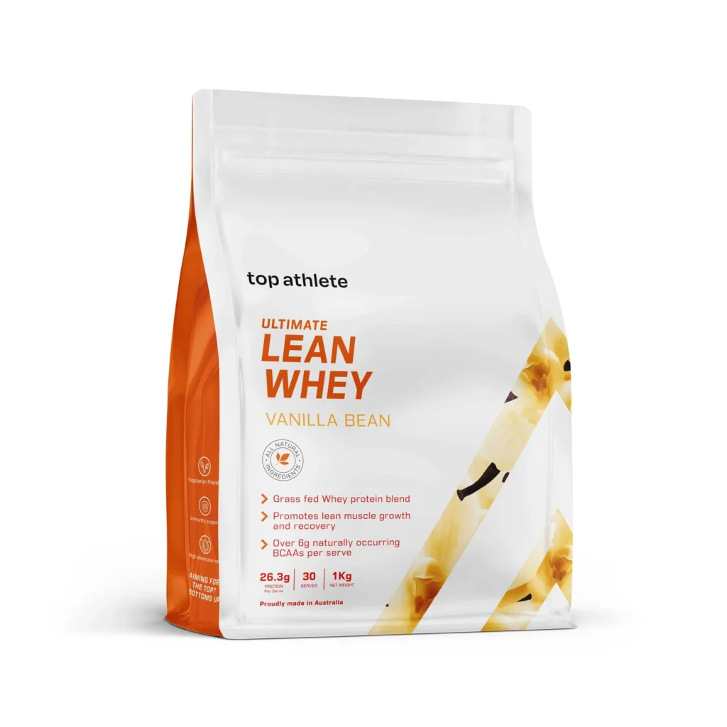 Top Athlete Ultimate Lean Whey - Vanilla Bean flavour, 1kg pouch, grass-fed whey protein blend for lean muscle growth and recovery.