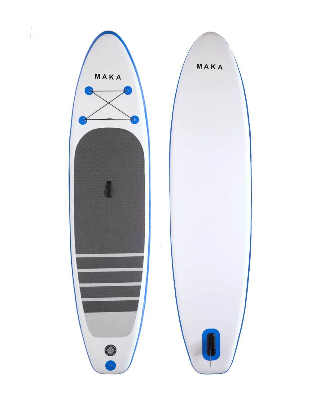 Maka inflatable paddleboard with grey deck padding, blue accents, and bungee storage system. Shop now at www.waiteandsea.com.au.
