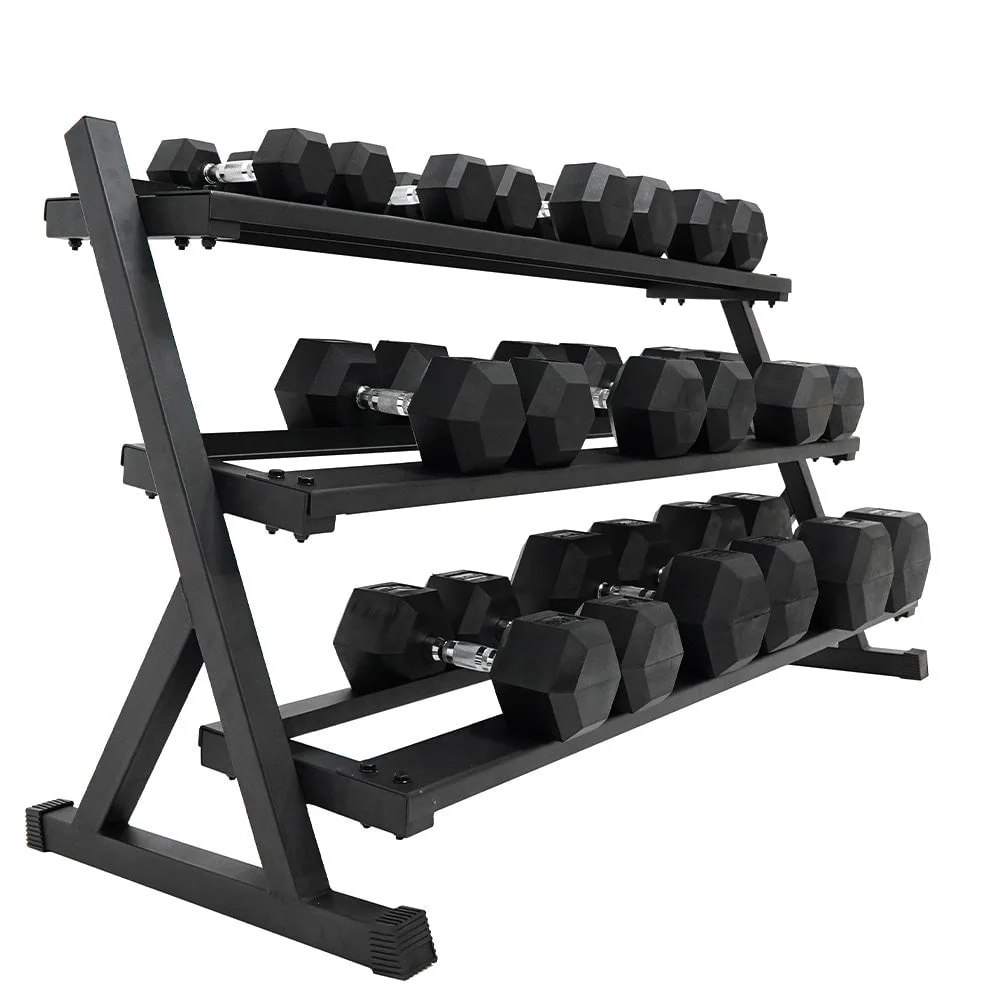 Side view of a dumbbell rack with hex dumbbells for strength training and fitness Perfect for organising gym equipment in professional and home setups Shop dumbbell racks at www.waiteandsea.com.au