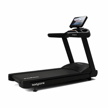 Black Bodytone treadmill featuring a modern digital display screen, perfect for health and fitness enthusiasts looking to improve their home gym. Visit www.waiteandsea.com.au for more details.
