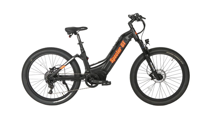 Specter-ST 2024 electric bike in black with orange detailing, featuring a step-through frame and cutting-edge motor technology, ideal for fitness enthusiasts. Visit www.waiteandsea.com.au for more.