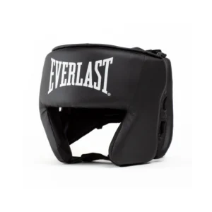 Black Everlast headgear with white branding, designed for boxing and sparring protection, perfect for athletes prioritising safety and performance.