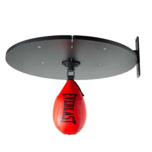 Everlast red speed bag mounted on a black platform, designed for boxing training and precision practice.