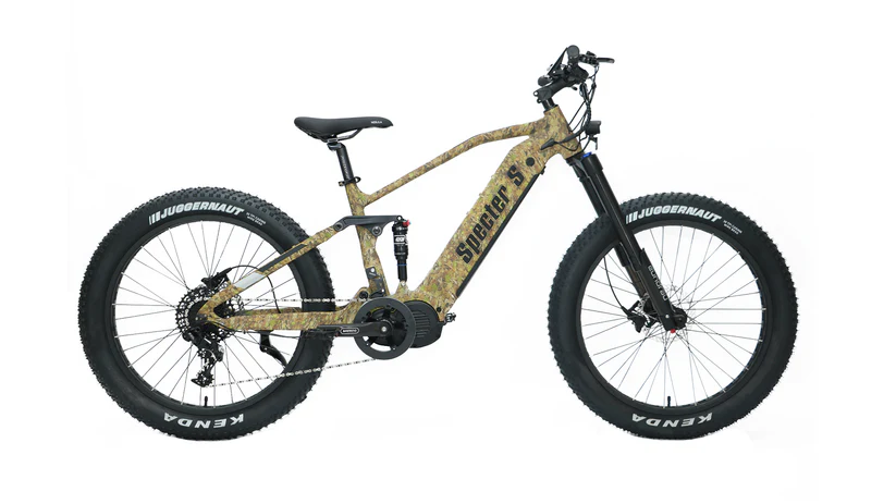 Specter-S electric fat bike in rugged camouflage with advanced motor technology and fat tyres, built for health and fitness enthusiasts seeking off-road adventures. Visit www.waiteandsea.com.au.