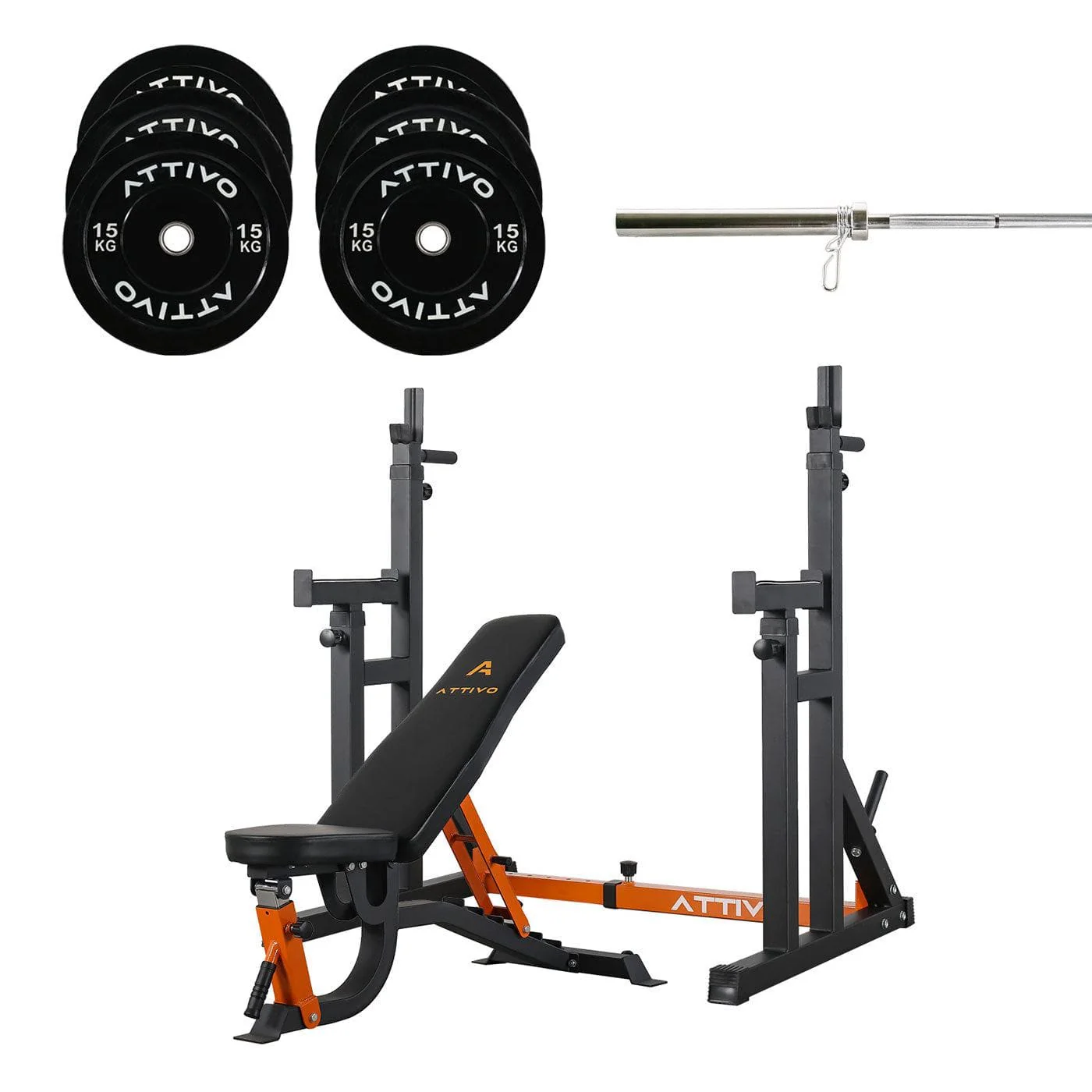 ATTIVO Olympic Bench Press Set with an adjustable bench, sturdy squat rack, and premium Olympic plates, perfect for strength training and fitness enthusiasts at www.waiteandsea.com.au.