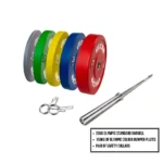 Premium Colour Bumper Package, including a 20kg Olympic barbell, 150kg of colour-coded bumper plates, and safety collars, designed for strength and fitness training, available at www.waiteandsea.com.au.