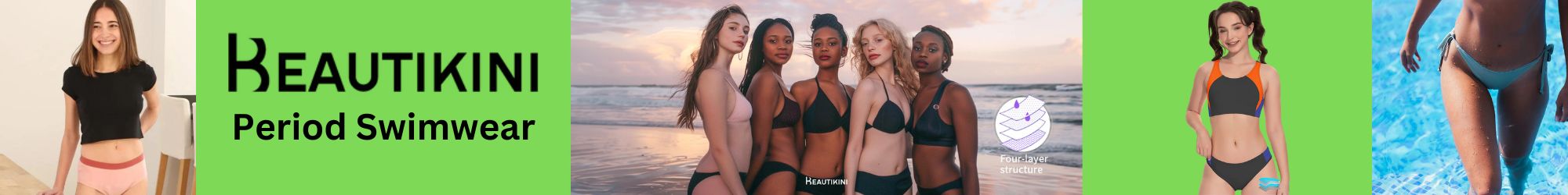 Beautikini period swimwear featuring diverse models on a beach, showcasing four-layer structure technology. Perfect for health and fitness lifestyles. Visit www.waiteandsea.com.au.