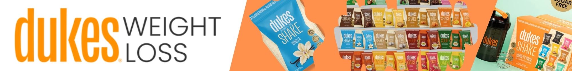 Dukes Weight Loss shakes, soups, and oats product range displayed, promoting healthy weight loss solutions with vibrant packaging and sugar-free options.