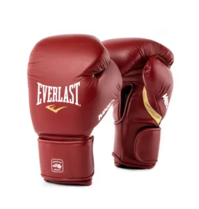 Pair of premium Everlast red leather boxing gloves with white branding, designed for professional and fitness training.